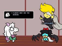  aqua_(deltarune) black_hair black_jacket black_necktie black_pants black_skirt black_suit bow chain claws cloak collar commentary cosplay cuffs deltarune e.g.o_(project_moon) english_text flowery_(deltarune) glasses hair_bow hair_over_eyes jacket kgod0401 limbus_company mask necktie pager pants pink_scarf procuration_(e.g.o) project_moon ralsei red_bow red_shoes rien_(project_moon) rien_(project_moon)_(cosplay) scarf shackles shoes skirt sora_(project_moon) sora_(project_moon)_(cosplay) suit utdr_(toby_fox) white_cloak 