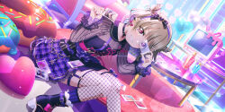  1girl balloon belt black_nails boots bottle brown_hair choker couch double_bun dutch_angle earrings facial_mark fishnet_thighhighs fishnets frills garter_straps grin hair_bun hair_ornament hairband heart heart_balloon heart_facial_mark highres holding holding_photo jewelry long_sleeves looking_at_viewer love_live! love_live!_nijigasaki_high_school_idol_club love_live!_school_idol_festival_all_stars multicolored_hair multicolored_nails nail_polish nakasu_kasumi nakasu_kasumi_(fancy_pixie) official_alternate_costume official_alternate_hair_color official_art on_floor photo_(object) pink_eyes plaid_clothes plaid_skirt polaroid_photo purple_hair purple_nails see-through_clothes shirt short_hair sitting skirt smile solo table television thigh-highs third-party_source v-shaped_eyebrows 