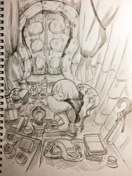  1girl bag book chair closed_eyes commentary_request crossed_arms fantasy flask from_side graphite_(medium) highres hooded_robe indoors jun_(navigavi) light_blush long_sleeves lying medium_hair monochrome on_chair on_table open_book original paper_background parted_lips photo_(medium) robe scenery sitting sketch sleeping solo staff table traditional_media upper_body window wooden_chair 