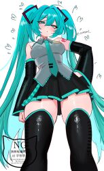  1girl aqua_eyes aqua_hair aqua_necktie aqua_trim artist_name bare_shoulders black_sleeves black_thighhighs blush breasts closed_mouth commentary detached_sleeves dot_mouth english_commentary from_below grey_shirt hair_between_eyes hair_ornament hatsune_miku highres long_hair looking_at_viewer looking_down medium_breasts necktie number_tattoo pleated_skirt shirt simple_background skirt sleeveless sleeveless_shirt solo sukiyart tattoo thigh-highs twintails twitter_username very_long_hair vocaloid white_background 