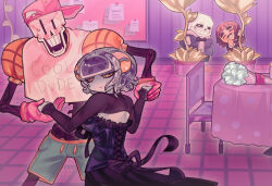  1girl 1other 2026 2boys 2d alternate_costume ambiguous_gender anthro aqua_shorts aqua_skin backwards_hat baseball_cap black_bowtie black_shirt black_shorts black_skirt black_sleeves blue_jacket blue_shorts blush board bouquet bow bowtie breasts brothers brown_hair cephalopod cephalopod_eyes chair child clothes_writing colored_skin commentary cowboy_shot denim denim_shorts digital_media disguise english_commentary eyelashes facial_hair fake_eyebrows fake_facial_hair fake_mustache female floor flower flower_pot frisk_(undertale) gloves green_hair grey_hood hands_in_pockets hat height_difference hetero hiding highres hip_bones holding_hands hollow_eyes hood hood_down hooded_jacket horizontal_pupils human humanoid ichi_(tentaclesnbones) in-universe_location indoors interspecies jacket long_skirt long_sleeves looking_at_another male monster monster_boy monster_girl mustache oc_x_canon octopus octopus_girl official_alternate_costume open_clothes open_jacket original original_character papyrus_(undertale) pink_slippers plant potted_plant red_gloves red_hat restaurant ribbon sans_(undertale) shirt shoes short_hair shorts siblings single_vertical_stripe skeleton skirt slippers smile socks spine standing striped_clothes striped_shorts suction_cups sweat table teeth tentacle_girl tentacle_hair thick_eyebrows tube_shirt undead undertale utdr_(toby_fox) vertical-striped_clothes vertical-striped_shorts wall white_shirt white_socks white_stripes yellow_eyes 