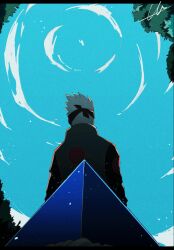  1boy blue_sky clouds commentary_request flak_jacket forehead_protector hatake_kakashi highres jacket kkno_k konohagakure_shinobi_uniform male_focus naruto_(series) short_hair signature sky solo tree white_hair 