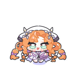  1girl :3 :p bow braid chibi chibi_only commentary_request dress full_body green_eyes hair_bow highres long_hair looking_at_viewer multiple_hair_bows orange_hair parted_bangs purple_bow purple_dress ribbon sigrika_(wuthering_waves) simple_background smile solo standing syurikenmaru tongue tongue_out very_long_hair white_background white_dress wuthering_waves 