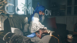  1girl absurdres animal_ears arm_up black_pantyhose blanket blue_hair book bookshelf can canned_coffee chair couch dappled_sunlight desk_lamp drink_can from_behind full_body green_eyes green_leaf half-closed_eyes highres lamp laughing leaf long_hair long_sleeves looking_at_viewer mr_ito on_couch one_eye_closed original pantyhose pillow plant potted_plant rubbing_eyes sitting soles solo sunlight sweater tail tea toes window yellow_leaves yokozuwari 