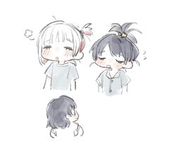  3girls basil_(wgh0anzdple3asf) black_hair blush commentary_request family hair_ornament if_they_mated korean_commentary love_live! love_live!_hasu_no_sora_jogakuin_school_idol_club mother_and_child mother_and_daughter multicolored_hair multiple_girls murano_sayaka parent_and_child red_streaks science_babies second-party_source short_hair simple_background star_(symbol) star_hair_ornament streaked_hair virtual_youtuber white_background white_hair yugiri_tsuzuri 