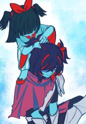  1girl 1other aqua_(deltarune) aqua_dress aqua_skin aqua_theme armor black_hair blue_hair bow braiding_another's_hair braiding_hair color_connection colored_skin commentary crescentbutton deltarune dress english_commentary hair_bow hairdressing highres kris_(dark_world)_(deltarune) kris_(deltarune) looking_down multicolored_hair pink_scarf red_bow red_eyes red_streaks scarf shaded_face short_twintails streaked_hair twintails utdr_(toby_fox) 