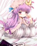  blanket blush book breasts canopy_bed capelet crescent dress drooling glasses glasses_removed hair_ribbon hat jpeg_artifacts kotomo large_breasts long_hair patchouli_knowledge pillow purple_eyes purple_hair ribbon solo striped striped_dress touhou violet_eyes waking_up 
