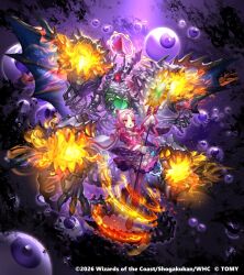  1girl 2026 animal_ear_headwear boots braid commentary_request copyright_notice cotton_izanai's_prophecy duel_masters duel_masters_play's frilled_skirt frills gamazou hat holding holding_staff long_hair low_twin_braids monster multicolored_thighhighs open_mouth orange_eyes pink_hair pink_shirt pink_skirt pink_thighhighs shirt skirt staff striped_clothes striped_thighhighs thigh-highs twin_braids vertical-striped_clothes vertical-striped_thighhighs white_hat white_thighhighs 