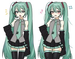  1girl ? ?? aqua_eyes aqua_hair aqua_trim black_skirt black_sleeves black_thighhighs blush_stickers collared_shirt commentary_request cowboy_shot d2nto detached_sleeves dot_nose flying_sweatdrops grey_shirt hair_between_eyes hair_ornament hand_on_own_hip hatsune_miku headset highres long_hair looking_at_viewer multiple_views number_tattoo open_mouth pleated_skirt shirt shoulder_tattoo simple_background single_blush_sticker skirt sleeveless sleeveless_shirt sleeves_past_fingers sleeves_past_wrists sweatdrop tattoo teeth thigh-highs tie_clip twintails upper_teeth_only very_long_hair vocaloid white_background wide_sleeves wing_collar zettai_ryouiki 