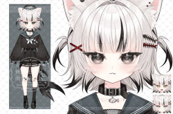  1girl ahoge animal_ears belt black_hair black_shirt black_shorts cat_ears collar commission fang fins fish_skeleton_hair_ornament fish_tail grey_eyes hair_ornament hairclip hat indie_virtual_youtuber kiriii long_sleeves multicolored_hair official_art reference_sheet sailor shark_tail shirt short_hair shorts streaked_hair tail two-tone_hair two_side_up vgen_commission virtual_youtuber watermark white_hair yona_(vtuber) 