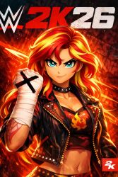  ai-generated aqua_eyes arm_tattoo arm_wrap black_choker bra choker cm_punk cm_punk_(cosplay) colored_skin cosplay elemental_fire_symbol hand_wraps highres jacket leather leather_jacket legion_shimmer long_hair midriff multicolored_hair my_little_pony my_little_pony:_equestria_girls my_little_pony:_friendship_is_magic red_hair smirk streaked_hair sunset_shimmer sunset_shimmer_(human) tattoo underwear wrestler wwe wwe_2k26 yellow_skin 