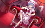  bat_wings blue_hair bobby_socks chair chin_rest crossed_legs cup fang hat highres legs_crossed looking_at_viewer mary_janes momoko_(momopoco) red_eyes remilia_scarlet shoes sitting smile socks solo touhou wallpaper wings wrist_cuffs 