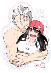  1boy 1girl andy_(undead_unluck) beanie black_hair blue_eyes breasts commentary hat highres hug izumo_fuuko jacket large_breasts long_hair multicolored_jacket muscular muscular_male no_eyebrows red_eyes scar scar_on_face short_hair sweatdrop tank_top topless_male two-tone_jacket undead_unluck white_hair yonchitaso 