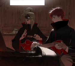  2boys akatsuki_uniform asymmetrical_bangs bag black_nails blue_eyes bopuragi8 commentary_request dango deidara_(naruto) eating extra_mouth food forehead_protector hair_over_one_eye high_ponytail highres indoors jewelry korean_commentary looking_down male_focus medium_hair multiple_boys naruto_(series) naruto_shippuuden ponytail puppet red_eyes red_hair ring robe sasori_(naruto) short_hair smile wagashi window 