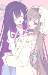  2girls bare_shoulders black_hair blue_eyes blunt_bangs blush breasts brown_hair closed_eyes collarbone colored_inner_hair columbina_(genshin_impact) columbina_(the_final_gift)_(genshin_impact) cowboy_shot dress eye_mask eyelashes feathered_wings frills from_behind genshin_impact gradient_hair hair_between_eyes hair_ornament hands_on_another's_shoulders hands_up hat head_wings highres hug long_dress long_hair long_sleeves looking_at_viewer looking_back m0m0_cms mask medium_breasts mob_cap multicolored_hair multiple_girls multiple_wings open_mouth pink_background puffy_long_sleeves puffy_sleeves purple_hair sandrone_(genshin_impact) sandrone_(the_final_gift)_(genshin_impact) see-through_clothes see-through_mask sidelocks simple_background sleeveless sleeveless_dress smile standing teeth tongue two-tone_hair very_long_hair white_dress white_hat winding_key wings x_hair_ornament yuri 