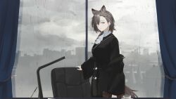  1girl absurdres animal_ears arknights ascot black_coat black_jacket book breasts brown_hair chair clouds cloudy_sky coat curtains desk extra_ears hair_ornament highres holding holding_book indoors jacket lamp long_sleeves looking_at_viewer medium_breasts mole mole_above_mouth off_shoulder office_chair open_clothes open_jacket overcast penance_(arknights) rain shuuka sky solo swivel_chair tail white_ascot window wolf_ears wolf_girl wolf_tail yellow_eyes 