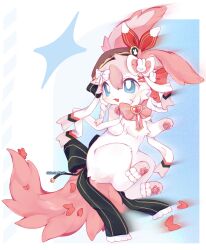  :3 absurdres animal_feet animal_focus artist_name beret black_bow black_ribbon blue_background blue_eyes blush bow bowtie braid bright_pupils brown_hat clothed_pokemon commentary frills full_body gem hair_bow hair_ornament hair_ribbon hairclip hands_up happy hat heart highres light_blush looking_to_the_side mew_mew_chikorita_moon motion_blur no_humans open_mouth pawpads pink_bow pink_hair pokemon pokemon_(creature) rabbit_hair_ornament red_ribbon ribbon signature simple_background smile solo sylveon tail tail_ornament two-tone_background white_background white_pupils white_ribbon x_hair_ornament 