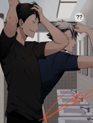  2boys ? black_hair black_shirt blue_shirt bokuto_koutarou closed_mouth commentary_request from_side haikyuu!! hand_in_another's_hair highres indoors kkno_k kuroo_tetsurou looking_at_mirror male_focus mirror multicolored_hair multiple_boys parted_lips public_restroom shirt short_hair signature spoken_question_mark t-shirt teeth tile_wall tiles two-tone_hair upper_body white_hair 