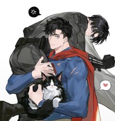  2boys absurdres anger_vein arm_up batman batman_(series) belt black_belt black_gloves black_hair blue_bodysuit blue_eyes bodysuit bruce_wayne cape carrying_over_shoulder cat clark_kent clenched_hand closed_mouth colored_speech_bubble commentary curtained_hair dc_comics gloves grey_bodysuit grey_cape heart highres holding long_sleeves looking_at_viewer male_focus multicolored_cat multiple_boys parted_hair quanyou_1103 red_cape short_hair simple_background smile speech_bubble spoken_heart superman superman_(series) torn_clothes tuxedo_cat very_short_hair white_background 
