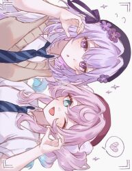 2girls aqua_eyes aqua_hair beret blue_necktie bright_pupils brown_sweater_vest castorice_(honkai:_star_rail) chrysos_heirs_school_uniform collared_shirt commentary_request drill_hair flower funafu hair_flower hair_ornament hair_scrunchie half-heart_hands hand_up hat heart honkai:_star_rail honkai_(series) hyacine_(honkai:_star_rail) long_hair looking_at_viewer multiple_girls necktie official_alternate_costume one_eye_closed open_mouth pink_hair pointy_ears portrait purple_hair purple_hat red_hat school_uniform scrunchie shirt short_sleeves simple_background smile speech_bubble spoken_heart striped_clothes striped_necktie sweater_vest twin_drills very_long_hair viewfinder violet_eyes white_background white_shirt 