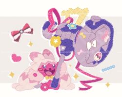  :d colored_skin commentary hammer heart highres holding holding_hammer huge_weapon inomo_(qimoshu) open_mouth pink_ribbon pink_skin pokemon pokemon_(creature) ribbon smile sparkle star_(symbol) tinkaton untranslatable_commentary violet_eyes weapon white_background 