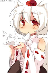  animal animal_ears artist_name bare_shoulders biting black_skirt commentary_request dated detached_sleeves double-parted_bangs flying_sweatdrops hair_between_eyes hat highres holding holding_animal inubashiri_momiji long_sleeves matatabi_(nigatsu) red_eyes red_hat ribbon-trimmed_sleeves ribbon_trim shirt short_hair skirt sleeveless sleeveless_shirt sleeveless_turtleneck tail tokin_hat touhou turtleneck turtleneck_shirt white_hair white_shirt white_sleeves wide_sleeves wolf wolf_ears wolf_girl wolf_tail 