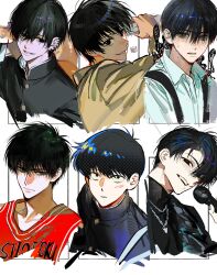  6+boys alien_stage avandee11949 black_eyes black_hair black_jacket black_shirt brown_shirt chain chain_necklace chainsaw_man collared_shirt color_connection commentary dice ear_piercing gakuran ganbare!_nakamura-kun!! hair_color_connection highres hikaru_ga_shinda_natsu ivan_(alien_stage) jacket jersey jewelry male_focus multiple_boys nagumo_(sakamoto_days) nakamura_okuto necklace official_alternate_costume piercing red_tank_top rukawa_kaede sakamoto_days school_uniform shirt short_hair slam_dunk_(series) tank_top tsujinaka_yoshiki turtleneck turtleneck_shirt untranslatable_commentary very_short_hair white_shirt yoshida_hirofumi 