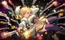 1girl artist_request attack back_ribbon backlighting beret black_boots blonde_hair blue_flower boots brown_corset brown_gloves brown_hat closed_mouth collared_shirt corset detached_sleeves dot_nose drill_hair embers falling fingerless_gloves fingernails firing flower flower_hairpin foot_out_of_frame game_asset gem gloves green_flower grey_thighhighs gun hair_between_eyes hand_on_own_cheek hand_on_own_face happy hat hat_feather high_collar highres knee_boots light_blush light_particles long_hair long_sleeves looking_at_viewer magic magical_girl magical_musket_(madoka_magica) mahou_shoujo_madoka_magica mahou_shoujo_madoka_magica:_hangyaku_no_monogatari mahou_shoujo_madoka_magica_magia_exedra miniskirt multicolored_boots neck_ribbon official_art orange_gem outstretched_arm outstretched_leg pink_flower pleated_skirt puffy_long_sleeves puffy_short_sleeves puffy_sleeves purple_flower ribbon ruins shirt short_sleeves skirt smile solo soul_gem_(madoka_magica) sparkle striped_clothes striped_thighhighs tareme thighhighs third-party_source tomoe_mami tomoe_mami_(magical_girl) twin_drills two-tone_boots vertical-striped_clothes vertical-striped_thighhighs weapon white_ribbon white_shirt white_sleeves yellow_boots yellow_eyes yellow_flower yellow_ribbon yellow_skirt