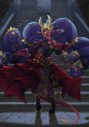  1girl absurdres bare_shoulders black_sclera blue_hair bow breasts colored_sclera colored_skin commentary covered_eyes crown digimoji digimon digimon_(creature) earrings english_commentary fangs highres horns jewelry long_hair low_wings mask medusamon open_mouth petrification pink_skin platform_shoes pointy_ears pteromon pujol_art shoes skirt snake snake_hair stairs stone_floor stone_stairs stone_wall teeth tongue twintails veins very_long_hair wings 
