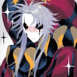  1boy baidao_(ytkydg) clown_makeup hat highres jester_cap looking_at_viewer pierrot_(the_freak_circus) puffy_sleeves smile sparkle the_freak_circus white_facepaint white_hair yellow_eyes 