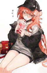  1girl absurdres arknights bag baseball_cap black_choker black_hat black_jacket black_mask black_shorts bubble_tea choker commentary drink drinking drinking_straw feet_out_of_frame hair_bun handbag haruka_(arknights) hat highres holding holding_drink jacket legs_together long_sleeves mask mask_pull mouth_mask off_shoulder open_clothes open_jacket orange_eyes orange_hair pointy_ears print_shirt rimless_eyewear round_eyewear shirt short_shorts shorts simple_background sitting solo thighs unworn_bag wavy_hair white_background white_shirt yotsutsu428 