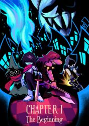  1girl 1other 3boys absurdres armlet armor axe bicycle castle_town_(deltarune) checkered_floor dark_fountain_(deltarune) deltarune goat_boy green_hat hat highres holding holding_axe holding_sword holding_weapon jewelry king_(deltarune) kris_(dark_world)_(deltarune) kris_(deltarune) lancer_(deltarune) multiple_boys on_bicycle pink_hair pink_scarf ralsei ralsei_(hat) reptile_girl round_eyewear scallybag01 scarf shaded_face spiked_armlet susie_(dark_world)_(deltarune) susie_(deltarune) sword utdr_(toby_fox) weapon 