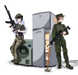  1girl ak-12 ak-74m alpha_(alpha_1918) ammunition ammunition_belt ammunition_pouch asouprus assault_rifle bad_source belt black_shirt blonde_hair blue_eyes boots camouflage camouflage_pants collarbone combat_boots combat_helmet detached_magazine_(weapon) ear_protection flag fluffy fluffy_hair gun hair_ornament hammer hat headphones helmet hexagram highres holding holding_gun holding_weapon kalashnikov_rifle knee_pads light_smile lips long_hair looking_to_the_side magazine_(weapon) midriff midriff_peek military military_hat military_uniform nutella optical_sight original pants pocket ponytail pouch red_dot_sight red_eyes red_lips refrigerator rifle russia russian_empire russian_flag russian_ground_forces russo-ukrainian_war shaka_sign shirt short_sleeves sight_magnifier sitting sledgehammer smile soldier standing star_of_david suppressor svinorezka t-shirt theft thief very_long_hair wagner_group war war_crime washing_machine waving_flag weapon white_hair woodland_camouflage z_(russian_symbol) 