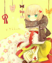  1girl arch_bishop_(ragnarok_online) blanket blonde_hair blush bow brown_scarf closed_mouth commentary_request cup dormir_(challco) dress expressionless full_body green_eyes hair_ornament heart heart_hair_ornament holding holding_cup looking_at_viewer mug polka_dot polka_dot_scarf ragnarok_online red_dress sash scarf short_hair sitting solo striped_clothes striped_thighhighs thigh-highs vertical-striped_clothes vertical-striped_thighhighs white_thighhighs yellow_background yellow_sash 