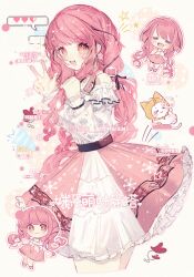  1girl :3 =_= absurdres ahoge animal bare_shoulders belt black_belt black_bow black_ribbon bow bow_choker bowtie bra_strap brown_eyes cat chibi chinese_commentary choker cloak closed_mouth clothed_animal commentary_request commission ear_covers eyelashes frilled_skirt frilled_sleeves frills hair_bow hair_ribbon heart highres holding_own_hair hood hood_up hooded_cloak infinity_nikki layered_sleeves long_hair long_sidelocks long_sleeves low_twintails miniskirt momo_(nikki) multiple_views nikki_(nikki) nikki_(series) off-shoulder_shirt off_shoulder orange_bow orange_bowtie palms perfect_start_(infinity_nikki) pink_bow pink_bowtie pink_choker pink_hair pink_ribbon pink_shoes pink_skirt pleated_skirt print_skirt print_sleeves puffy_long_sleeves puffy_sleeves ribbon sample_watermark see-through_clothes see-through_sleeves seyi_(xinjinjumin979388928859) shirt shoes sidelocks single_stripe skirt snowflake_print speech_bubble spoken_heart star_(symbol) star_print striped_choker tareme too_many_watermarks tress_ribbon twintails v very_long_hair watermark wavy_hair whiskers white_background white_cat white_shirt white_skirt yellow_cloak 