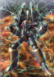  clenched_hands commentary_request electricity energy glowing gunbuster highres mecha mecha_focus nebula no_humans one-eyed_mecha raybar robot scene_reference science_fiction space star_(sky) super_robot top_wo_nerae! top_wo_nerae!_(series) zero_gravity 