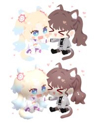  >_< 2girls :d animal_ear_fluff animal_ears before_and_after black_sweater blonde_hair blue_eyes blue_hair blush brown_hair cat_ears cat_girl cat_tail chibi chibi_only closed_eyes commentary_request dog_ears dog_girl dog_tail earrings fang flower fujishima_megumi fujishima_megumi_(post-graduation_casual) full_body gradient_hair hair_flower hair_intakes hair_ornament heart heart_earrings heart_necklace highres hood hoodie jacket jewelry kemonomimi_mode long_sleeves love_live! love_live!_hasu_no_sora_jogakuin_school_idol_club mira-cra_park! multicolored_hair multiple_girls necklace no_lineart open_clothes open_jacket open_mouth osawa_rurino osawa_rurino_(winter_casual) parted_bangs pink_flower ponytail purple_sweater sitting skin_fang smile stud_earrings sweater tail twintails virtual_youtuber watage_modoki white_hoodie white_jacket xd 