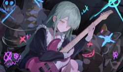  1girl 7-string_guitar absurdres bang_dream! bang_dream!_it's_mygo!!!!! black_background black_choker blue_dress choker dress electric_guitar expressionless extended_range_guitar frilled_dress frills graffiti green_hair guitar hair_ornament hair_over_one_eye hairclip highres holding holding_guitar holding_instrument instrument long_hair looking_down monky parted_bangs sidelocks sitting solo stuffed_animal stuffed_cat stuffed_toy teddy_bear wakaba_mutsumi yellow_eyes 