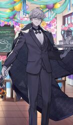  1boy aqua_eyes balloon black_coat black_cross_tie black_jacket black_pants black_vest buttons coat coat_on_shoulders commentary_request cross_tie cup expressionless fate/grand_order fate_(series) feet_out_of_frame floating_clothes formal_clothes game_asset glasses gloves grey_hair holding holding_sword holding_tray holding_weapon indoors jacket jacques_de_molay_(fgo_fes._2026)_(fate) jacques_de_molay_(saber)_(fate) kuroboshi_kouhaku lapels long_sleeves looking_at_viewer male_focus notched_lapels official_art pants partial_commentary shirt short_hair solo suit sword tea_set teacup teapot third-party_source tray vest waistcoat weapon white_gloves white_shirt wingtip_collar 