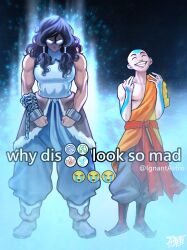  aang avatar:_the_last_airbender avatar_legends avatar_legends:_the_fighting_game chain glowing glowing_eyes highres ignantastro korra meme messy_hair muscular muscular_female the_legend_of_korra why_dis_ninja_look_so_mad_(meme) 