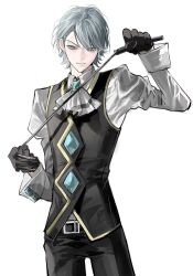  1boy ace_attorney aqua_eyes aqua_hair ascot black_vest formal_clothes franziska_von_karma gavel genderswap genderswap_(ftm) highres holding holding_whip juliet_sleeves long_sleeves male_focus minnnnm_123 mole mole_under_eye phoenix_wright:_ace_attorney_-_justice_for_all puffy_sleeves solo vest whip white_ascot 