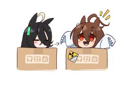  2girls :d =_= agnes_tachyon_(umamusume) ahoge animal_ears black_hair box brown_hair cardboard_box commentary_request earrings hair_between_eyes highres horse_ears horse_girl huge_ahoge in_box in_container jewelry kiora06 lab_coat long_bangs long_hair long_sleeves manhattan_cafe_(umamusume) medium_hair multiple_girls photo-referenced puff_of_air radioactive red_eyes simple_background single_earring sleeves_past_fingers sleeves_past_wrists smile umamusume white_background 