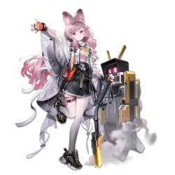  1girl ahoge animal_ears arknights arm_up belt belt_pouch black_belt black_shoes black_skirt bracelet cape carrot closed_mouth cropped_jacket english_text fingerless_gloves flower flower_pin full_body fur-trimmed_skirt fur_trim game_asset gloves glowing_staff hair_intakes highres holding holding_staff infection_monitor_(arknights) jacket jewelry knees_together_feet_apart leg_up long_hair looking_at_viewer material_growth non-web_source official_art open_clothes open_jacket orange_gloves oripathy_lesion_(arknights) pink_eyes pink_hair pink_shirt plaid_clothes plaid_skirt pouch rabbit_ears rabbit_girl robot see-through_cape see-through_clothes shirt shoes simple_background skirt smile smoke solo staff standing tachi-e tassel thigh-highs thigh_pouch thigh_strap thumpy_(arknights) transparent_background white_cape white_flower white_jacket white_thighhighs yukuso_(dabiandang) 
