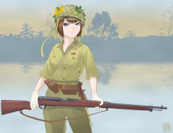  1girl ammunition_pouch arisaka bolt_action brown_hair closed_mouth commentary_request forest gloves green_jacket grey_eyes gun helmet highres holding holding_gun holding_weapon imperial_japanese_army jacket knife looking_at_viewer military_uniform nature original outdoors pouch rifle scabbard sheath short_hair sino_(mechanized_gallery) solo water weapon white_gloves world_war_ii 