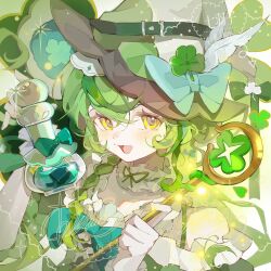  1girl blush bow braid choker clover commission eyelashes four-leaf_clover frills green_hair hat hat_bow hat_ornament highres holding holding_potion holding_staff large_hat long_hair looking_at_viewer mihuashi_commission multicolored_hair open_mouth original potion qi_yu_zi sidelocks solo staff streaked_hair upper_body watermark witch_hat yellow_eyes 