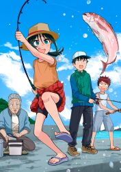  1girl 3boys black_hair black_pants black_shorts blue_eyes blue_sky boots brown_hair brown_shirt bucket character_request clothes_around_waist clouds commentary_request day fish fishing fishing_rod flip-flops green_jacket grey_hair hat highres holding holding_fishing_rod inu_chikushou itoko_no_ko jacket jacket_around_waist multiple_boys nozomu_(itoko_no_ko) outdoors pants ponytail red_jacket red_snapper sandals shirt shorts sky sou_(itoko_no_ko) standing standing_on_one_leg teeth upper_teeth_only water water_drop 