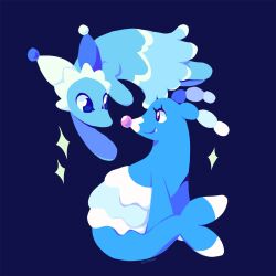  2girls blue_background blue_eyes blue_skin blue_skirt blue_theme brionne colored_skin deltarune fang floating hat highres jester_cap mizzle_(deltarune) multiple_girls pink_nose pink_pupils sea_lion simple_background skirt smile sparkle trait_connection tutu utdr_(toby_fox) zorristars 