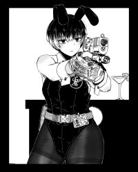  1girl absurdres aiming animal_ears belt black_border black_eyes border cocktail_glass commentary_request cup drinking_glass earrings expressionless facing_viewer flashlight glock gloves gun handgun highres holster id_card jewelry mechanix_wear monochrome original playboy_bunny rabbit_ears short_hair sleeve_cuffs solo_focus table tactical_gloves taida thigh-highs weapon white_background 