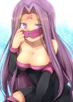  1girl armband bare_shoulders blindfold breasts cleavage detached_sleeves dress facial_mark fate/stay_night fate_(series) forehead_mark large_breasts long_hair marimo_danshaku outstretched_arm peeking_out purple_eyes purple_hair rider sitting thighhighs very_long_hair violet_eyes 