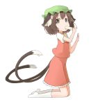 animal_ears brown_eyes brown_hair cat_ears cat_tail chen hat kneeling looking_at_viewer multiple_tails nakashino_setsu popsicle simple_background socks solo tail touhou white_background white_legwear 